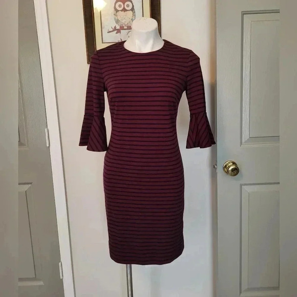 Banana Republic Striped Sheath Midi Dress w/Bell Sleeves(4) - Picture 1 of 8